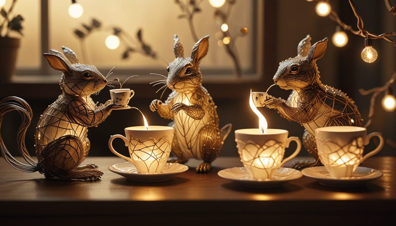 Surreal Macro Wire Tea Party Sculpture