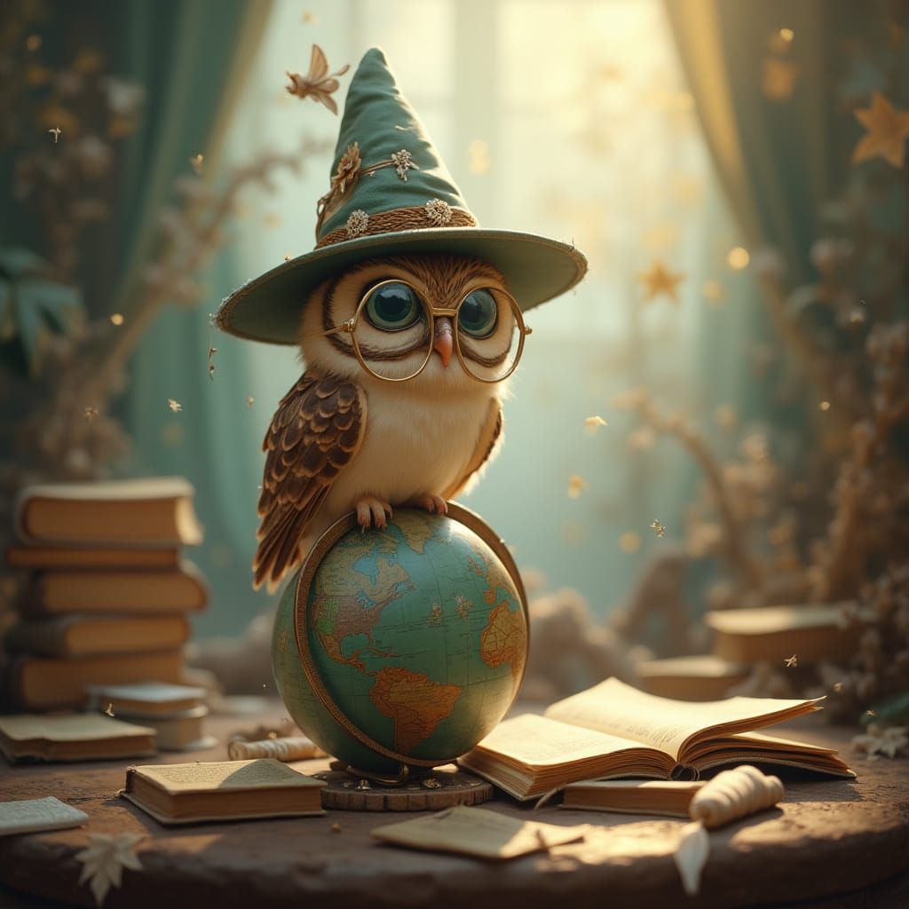 Wise Owl Wizard on Globe in Fantasy Art Style