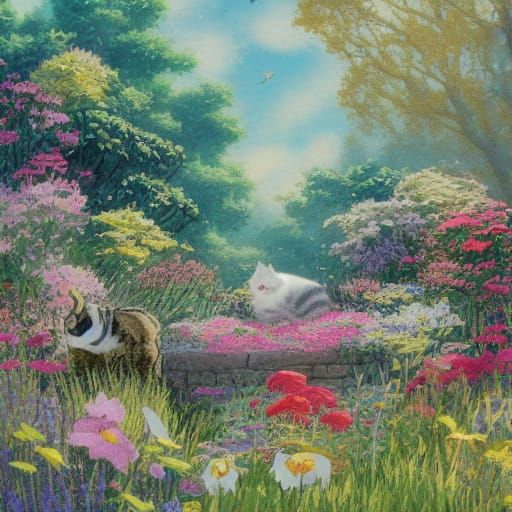 Cat Among Flowers in Watercolor Style