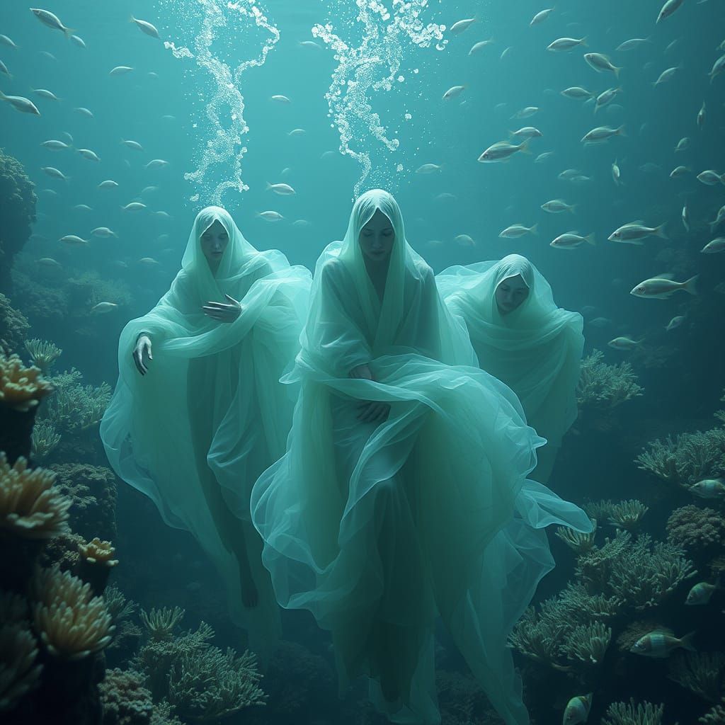 Ethereal Underwater Humans in Aquatic Attire
