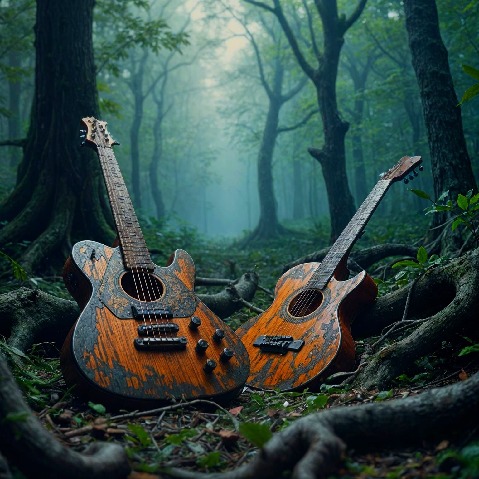 Forgotten Guitars in Dark Forest: Fantasy Art