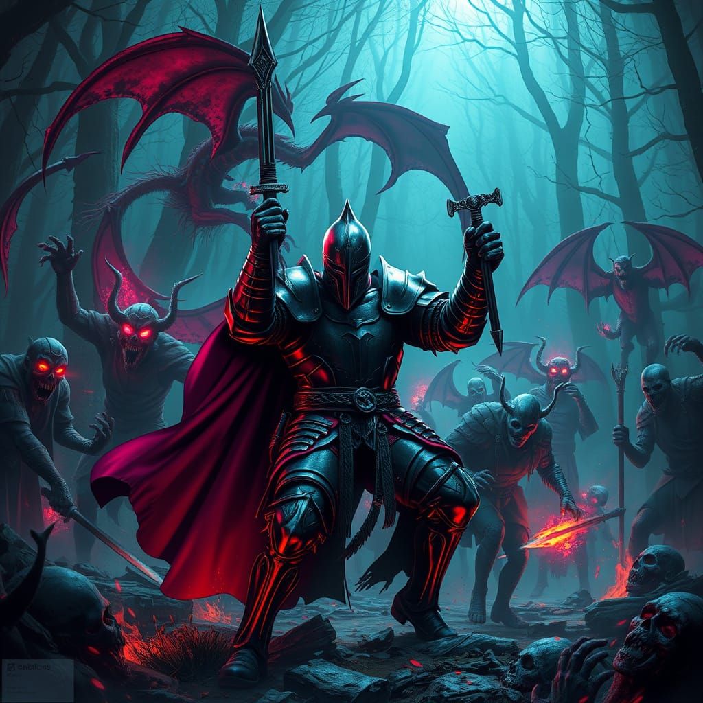 Knight Battles Demons in Cyberpunk Gothic Forest