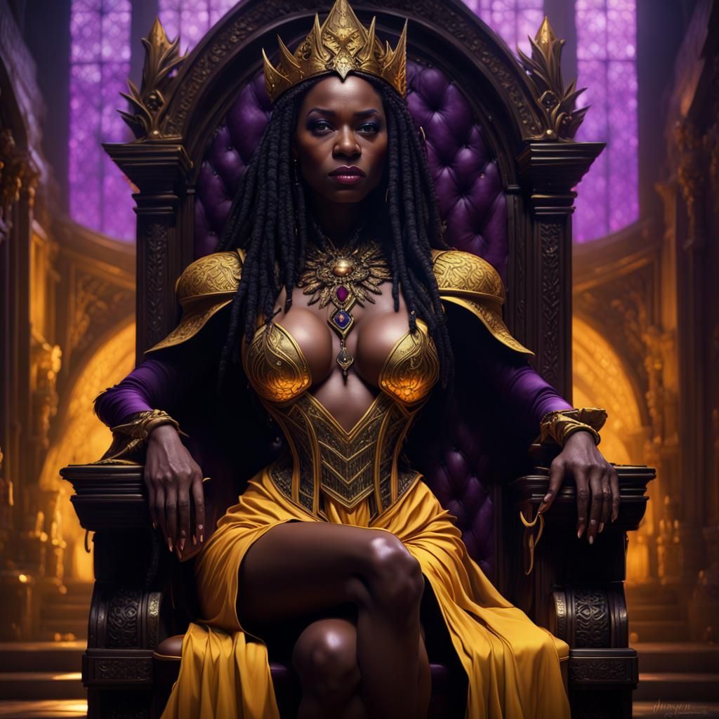 Ebony Dark Witch Queen on Throne in Golden Dress