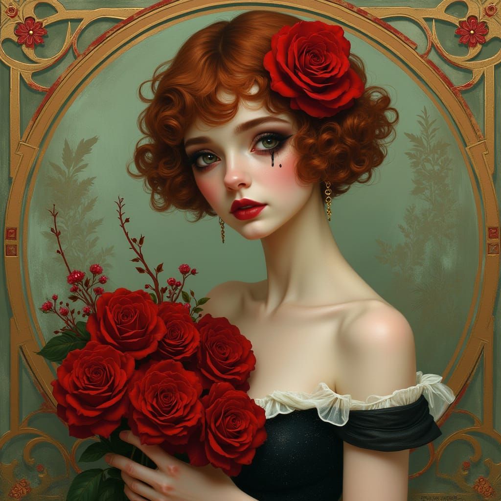 Melancholy Art Nouveau Woman with Red Roses