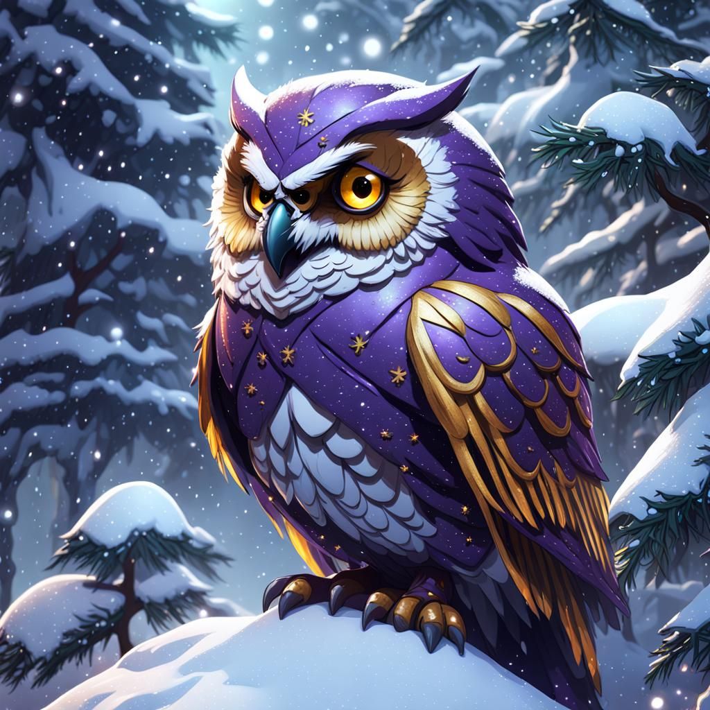 Christmas Owl in Snowy Tree: Dark Fantasy Art
