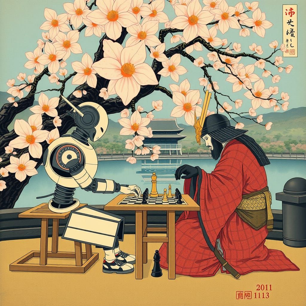 Robot and Samurai Chess Game in Ukiyo-e Style
