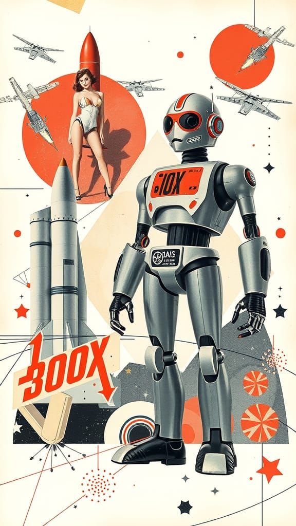 Bold Retro-Futuristic Collage of 1950s Robot and Space-Age P...