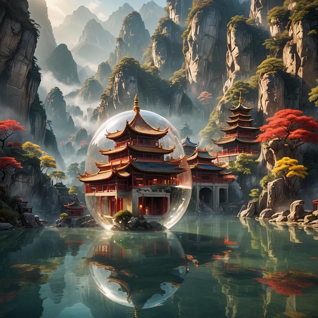Chinese Temple in Glass Globe: Hyperrealistic Concept Art
