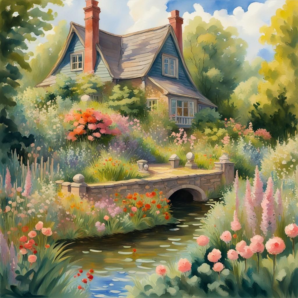 Idyllic Cottagecore Village in Gouache Watercolor Style