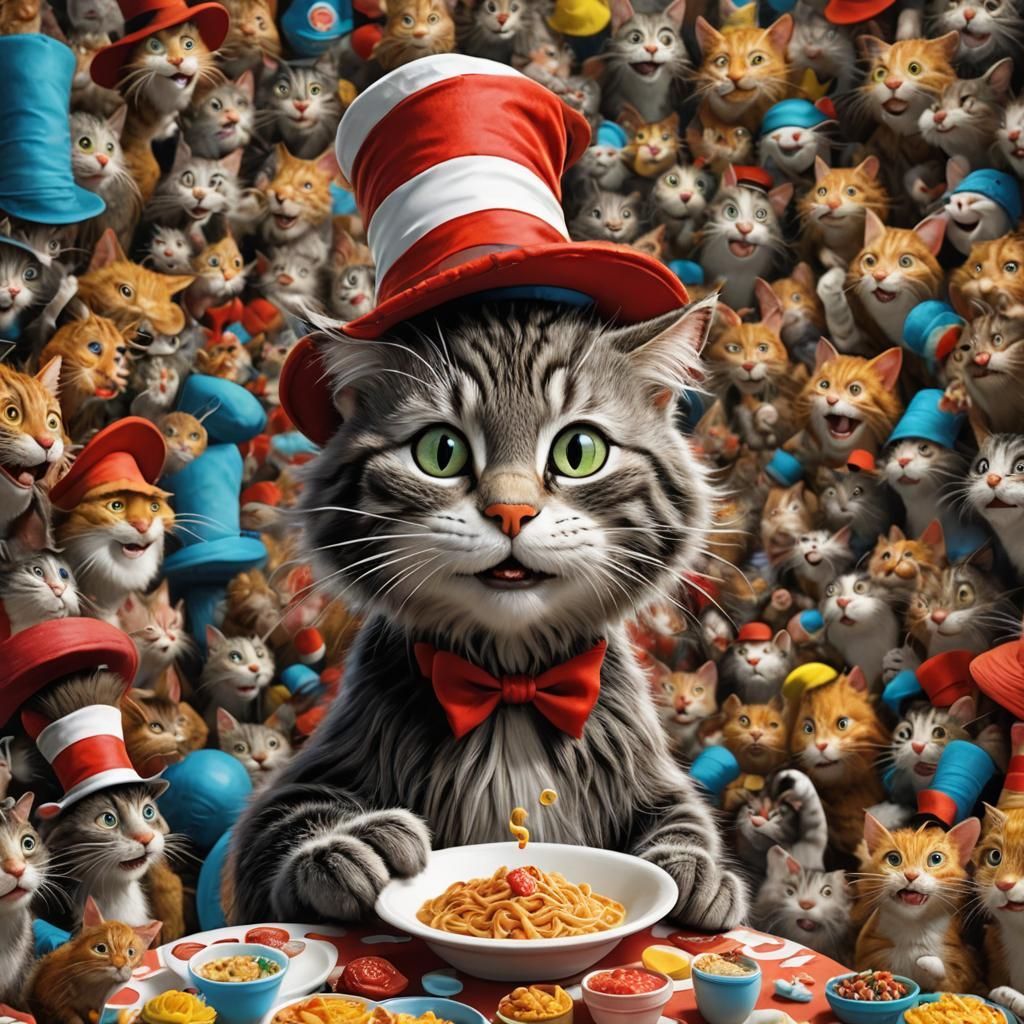 Hyperrealistic Cat in the Hat Eating a Hamster