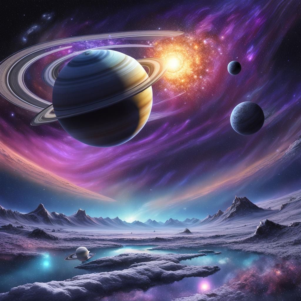 Saturn with Crystal Snowflake Rings and Comet