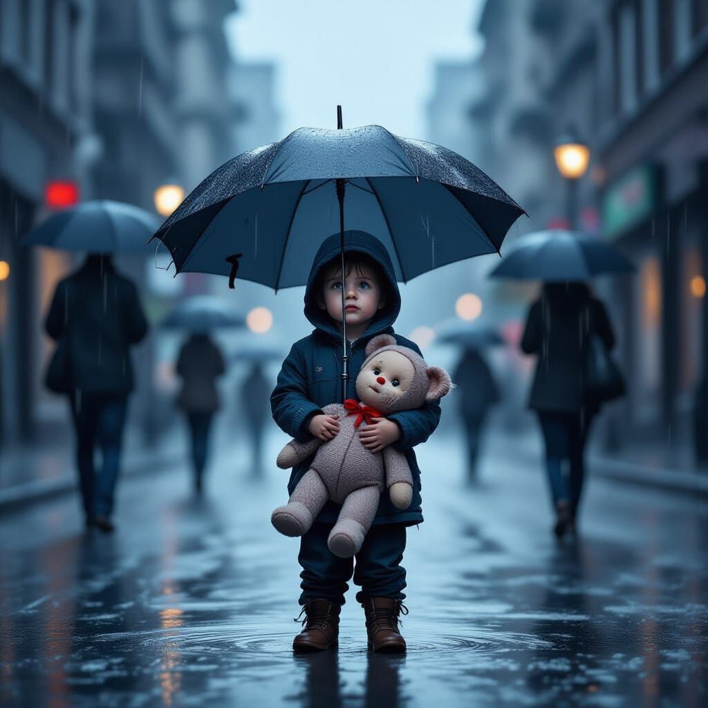 Heartbreaking Scene: Child Alone in Rainy City