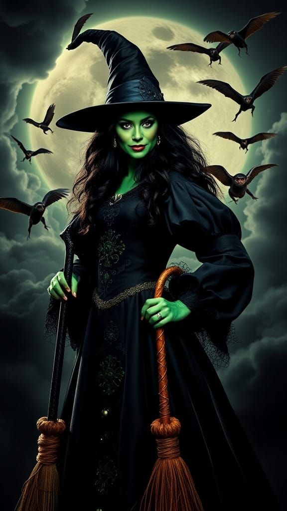 Stunning Wicked Witch in Emerald Green Skin with Flying Monk...