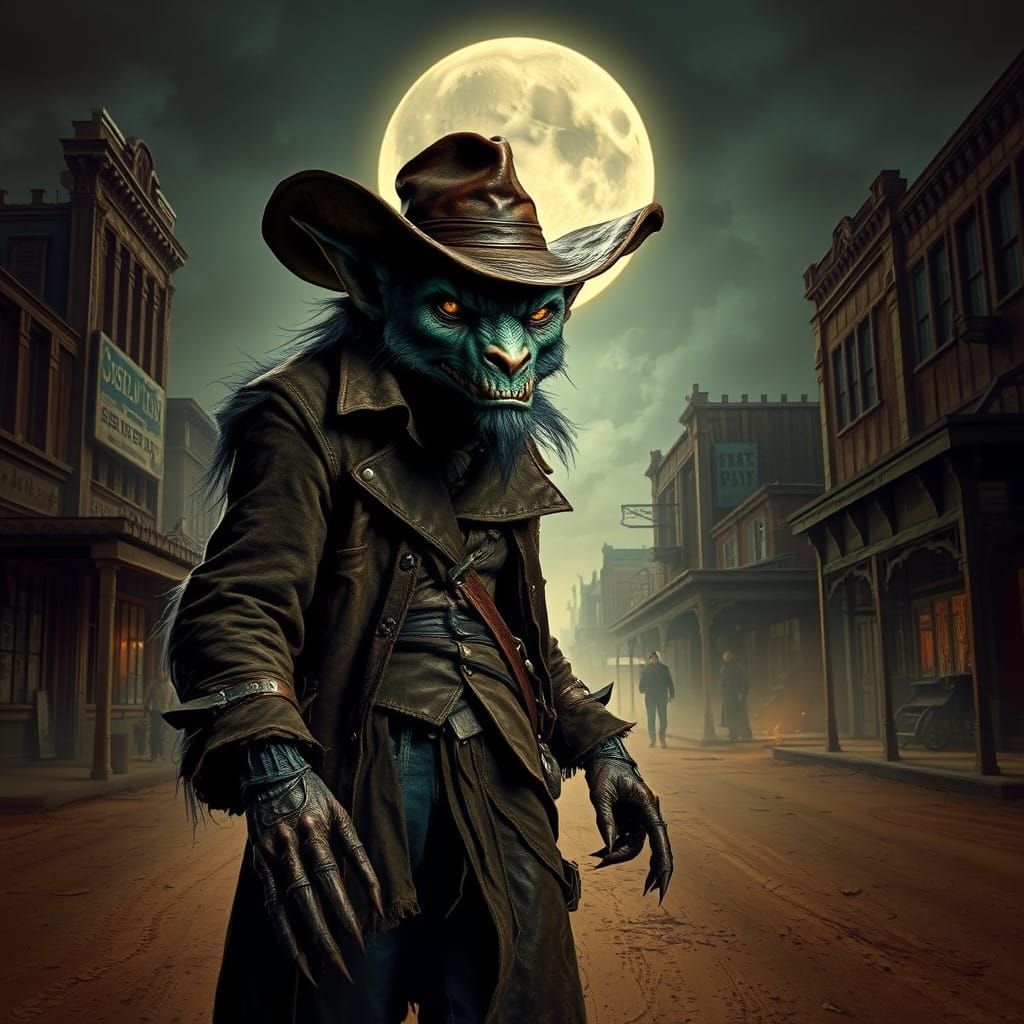 Werewolf Outlaw Rides Moonlit Fantasy Wild West Streets