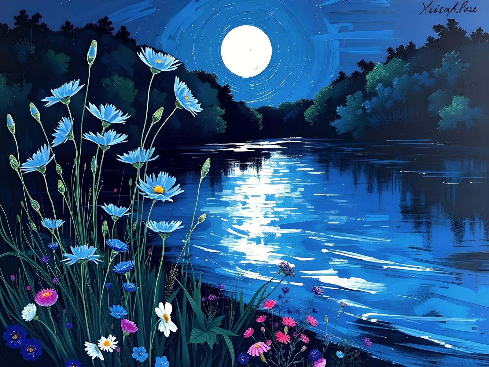 Dreamlike Blue Cornflower Landscape in Impasto Style