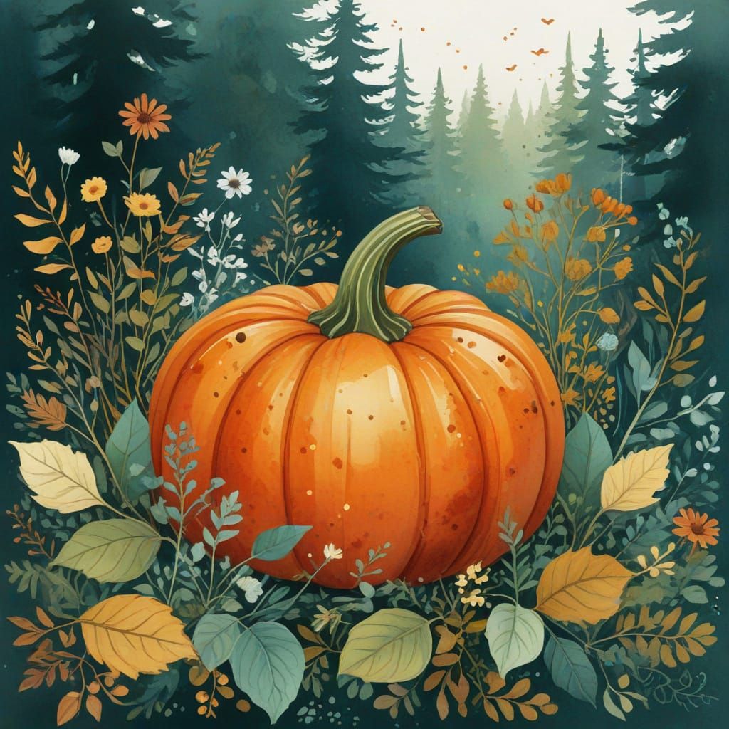 Chunky Pumpkin Folk Art Illustration with Autumn Foliage