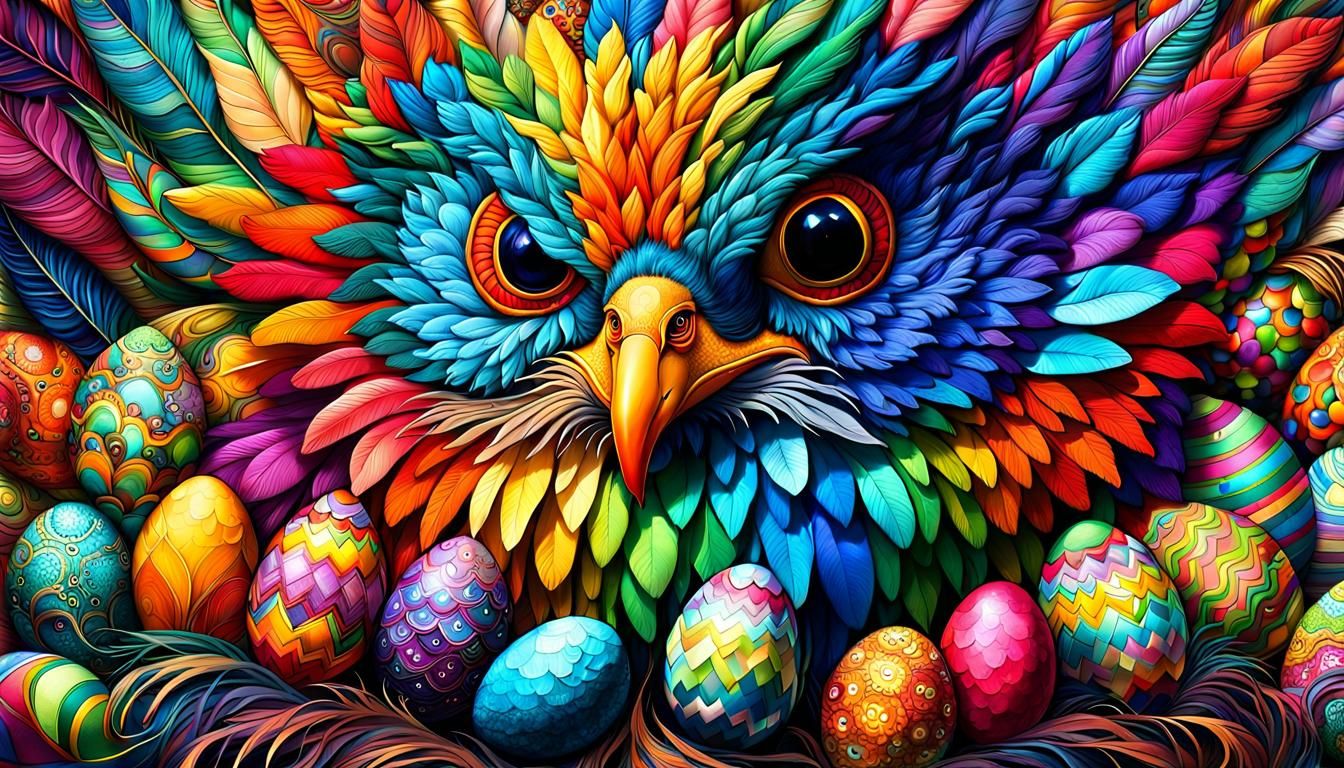 Vibrant Patchwork Beast with Rainbow Eggs