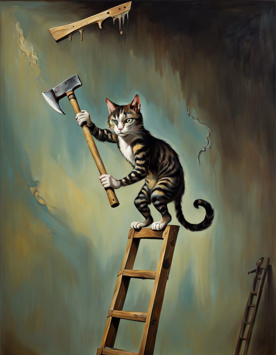 Surreal Cat Boy Ascends Ladder in Dreamlike Landscape