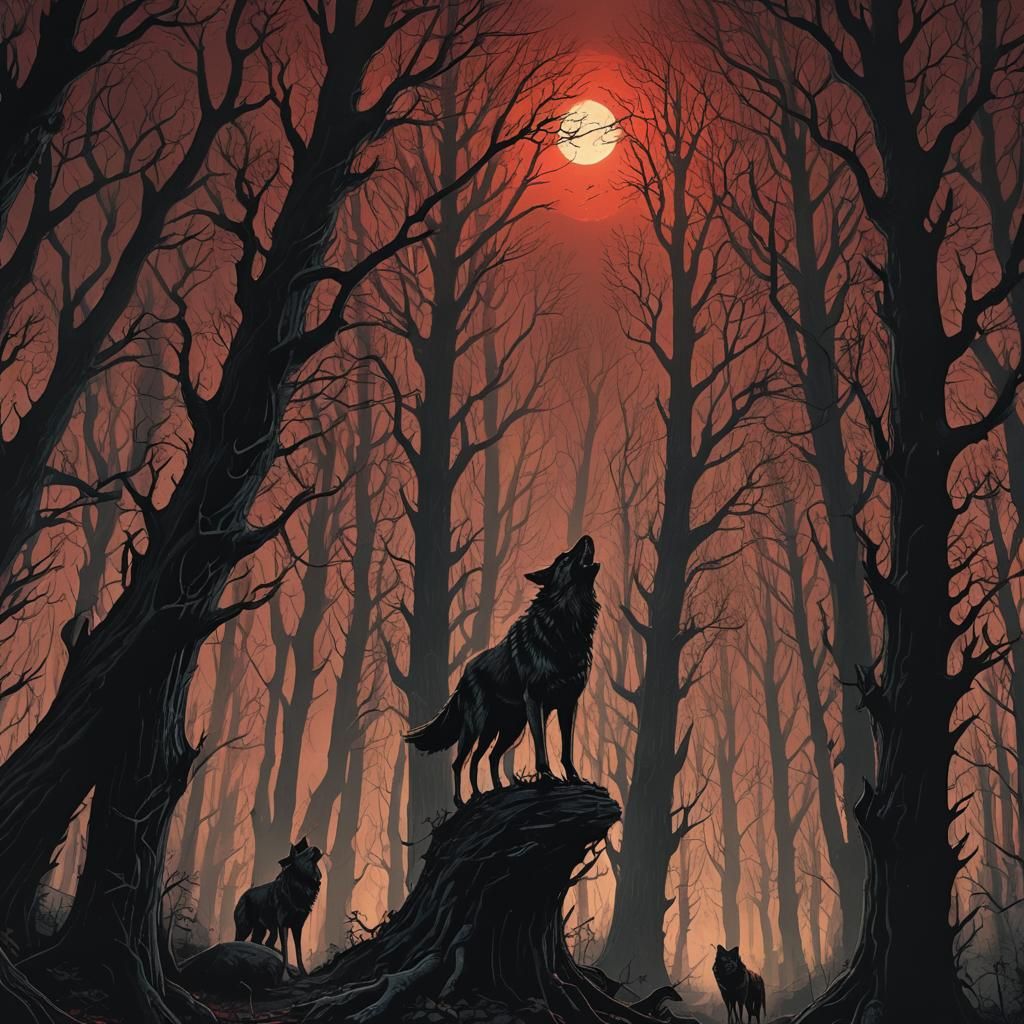 Wolves in Dark Forest: Gothic Horror Illustration