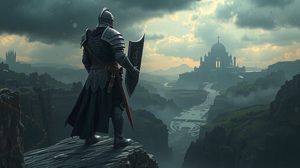 Heroic Knight Stands Vigilant on Windswept Cliffside