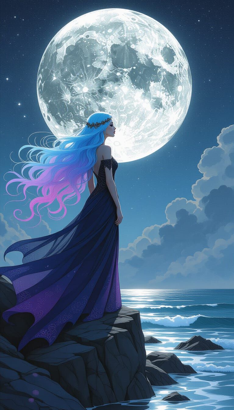 Ethereal Woman Under Full Moon in Charcoal Style