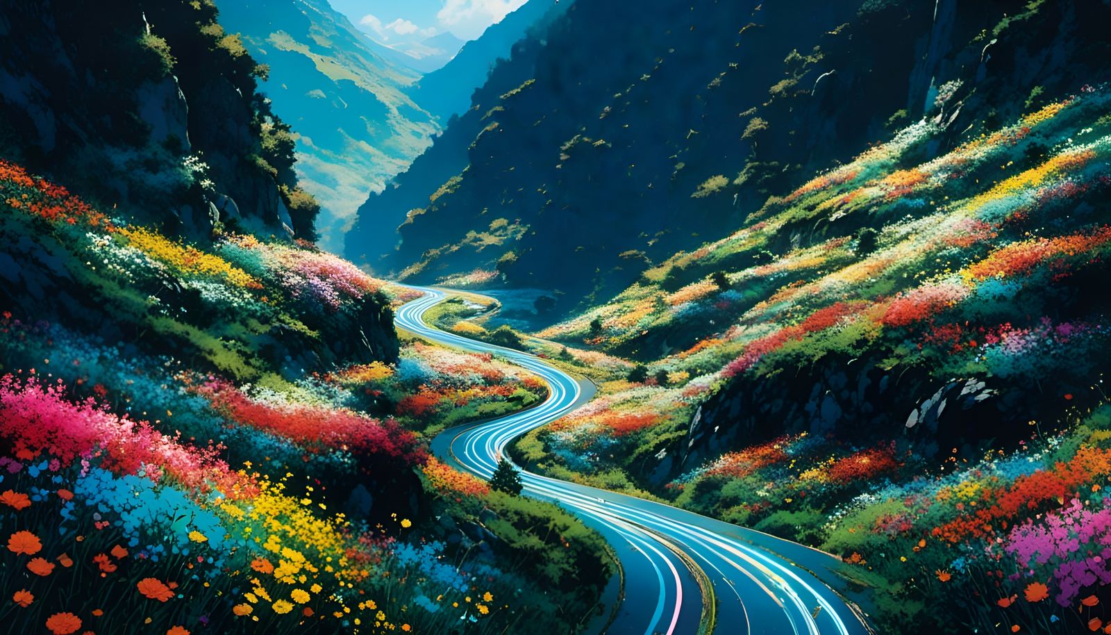 Winding Road in Kermanshah, Murakami-Inspired Psychedelic Ar...