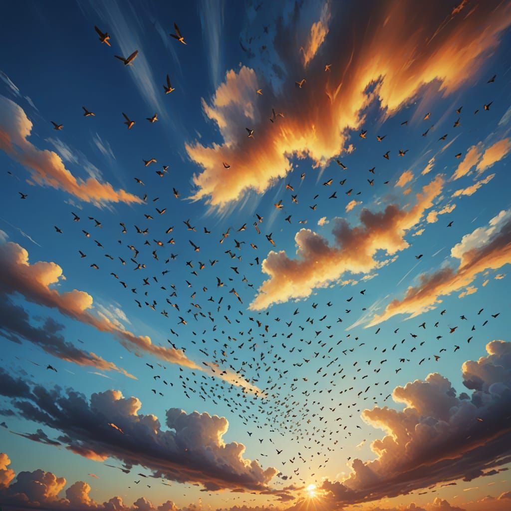 Birds in Formation Flying Through Cloudy Sky - Digital Paint...