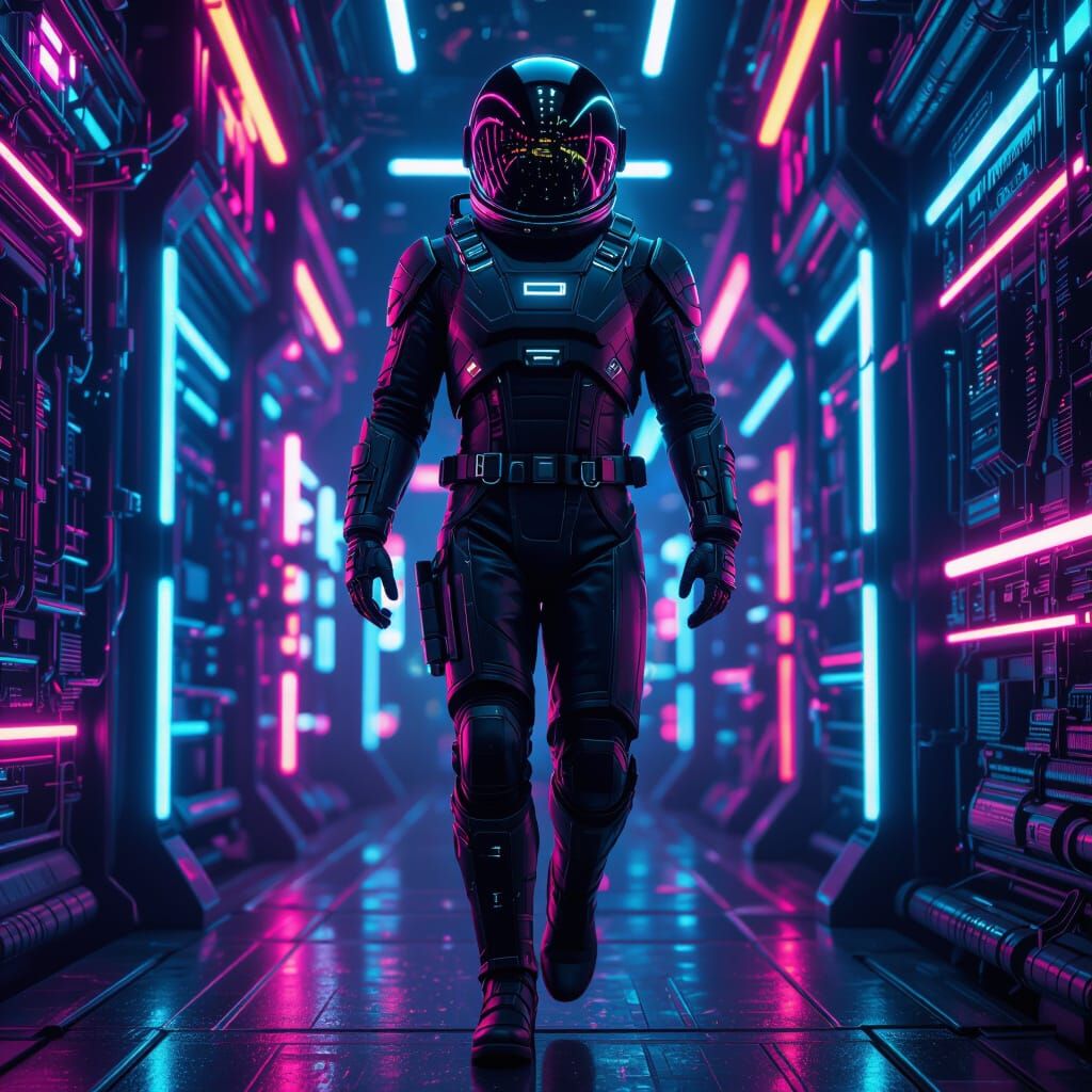 Astronaut in Neon Cityscape Inspired by Sci-Fi Masters