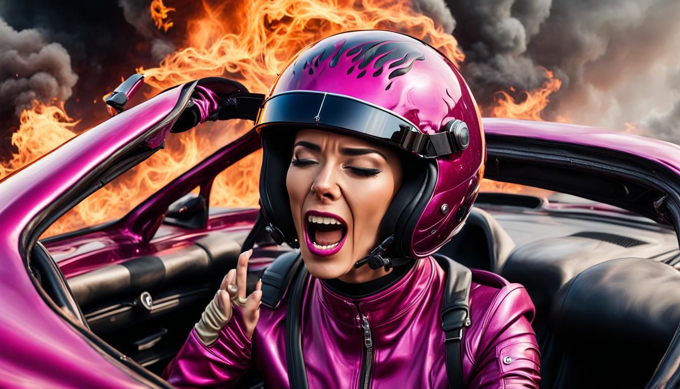 Girl in Burning Car: Intense Fear and Flames