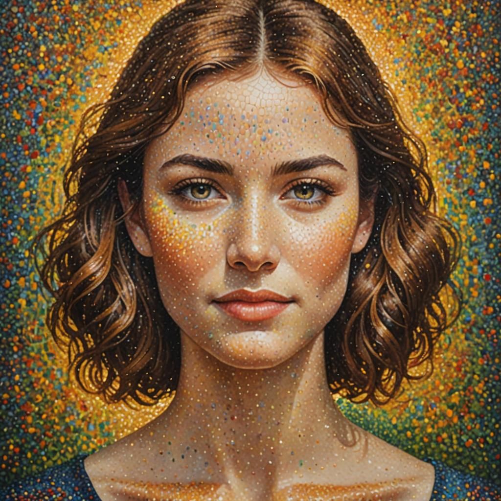 Pointillist Portrait of Woman with Enigmatic Smile