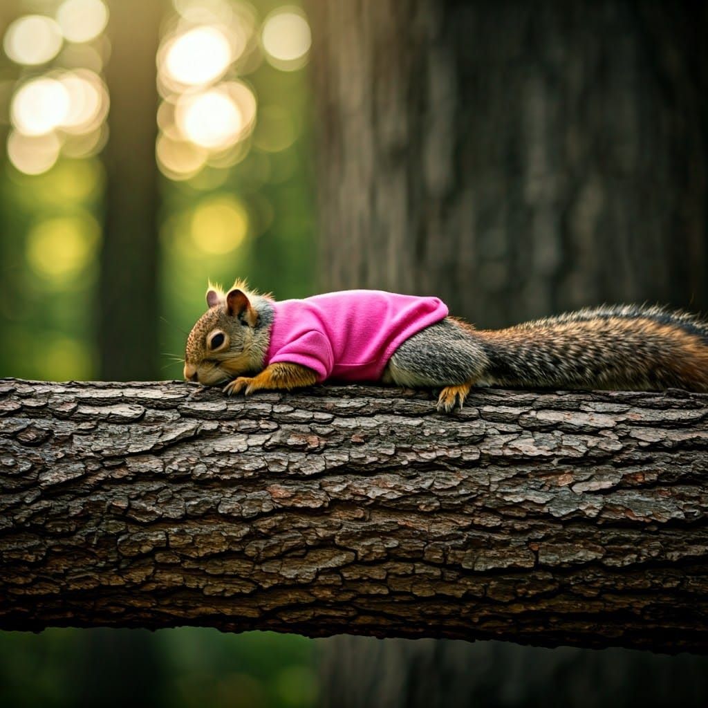 Squirrel in Pink Outfit Sleeping on Tree Branch