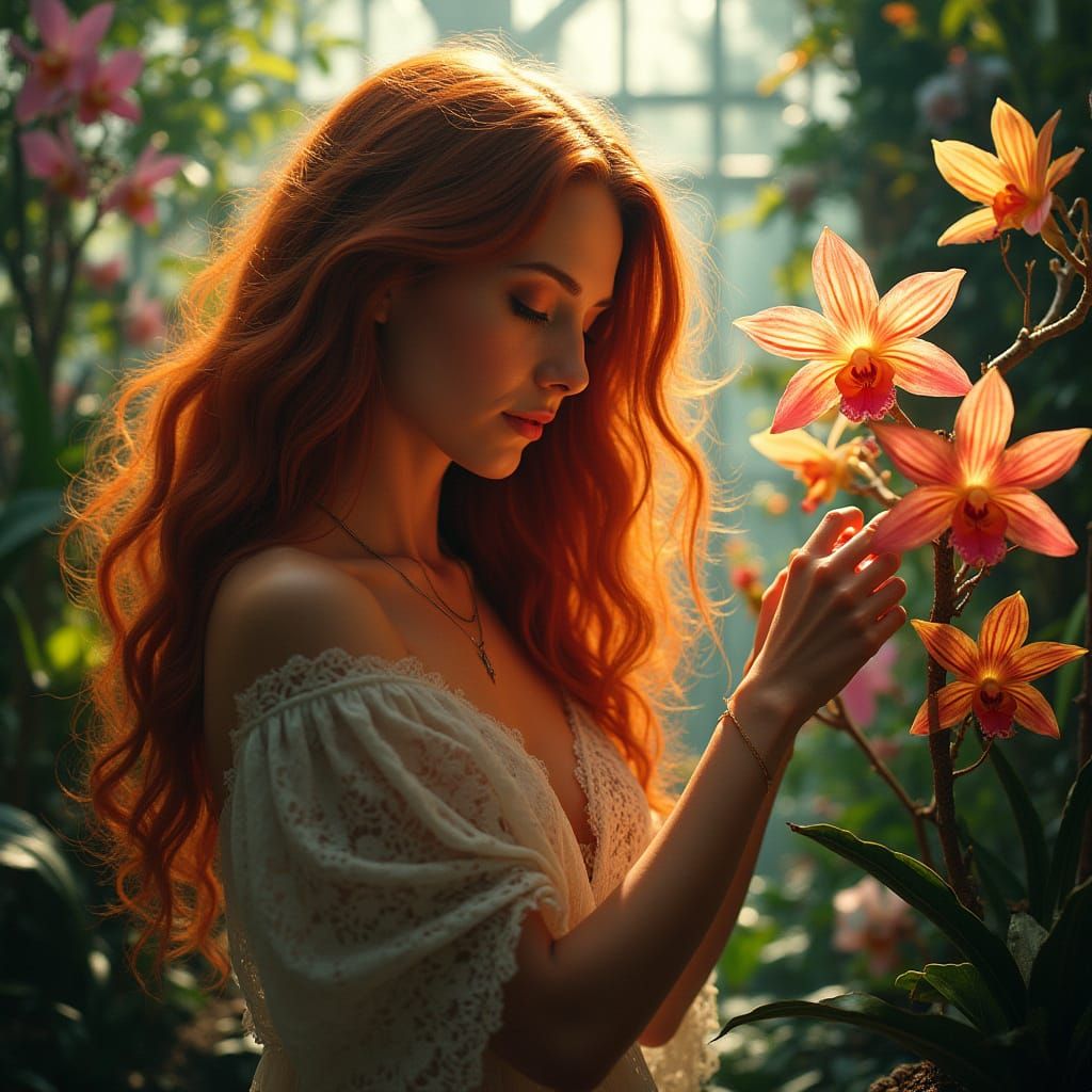 Surreal Goddess in a Vibrant Greenhouse Oasis