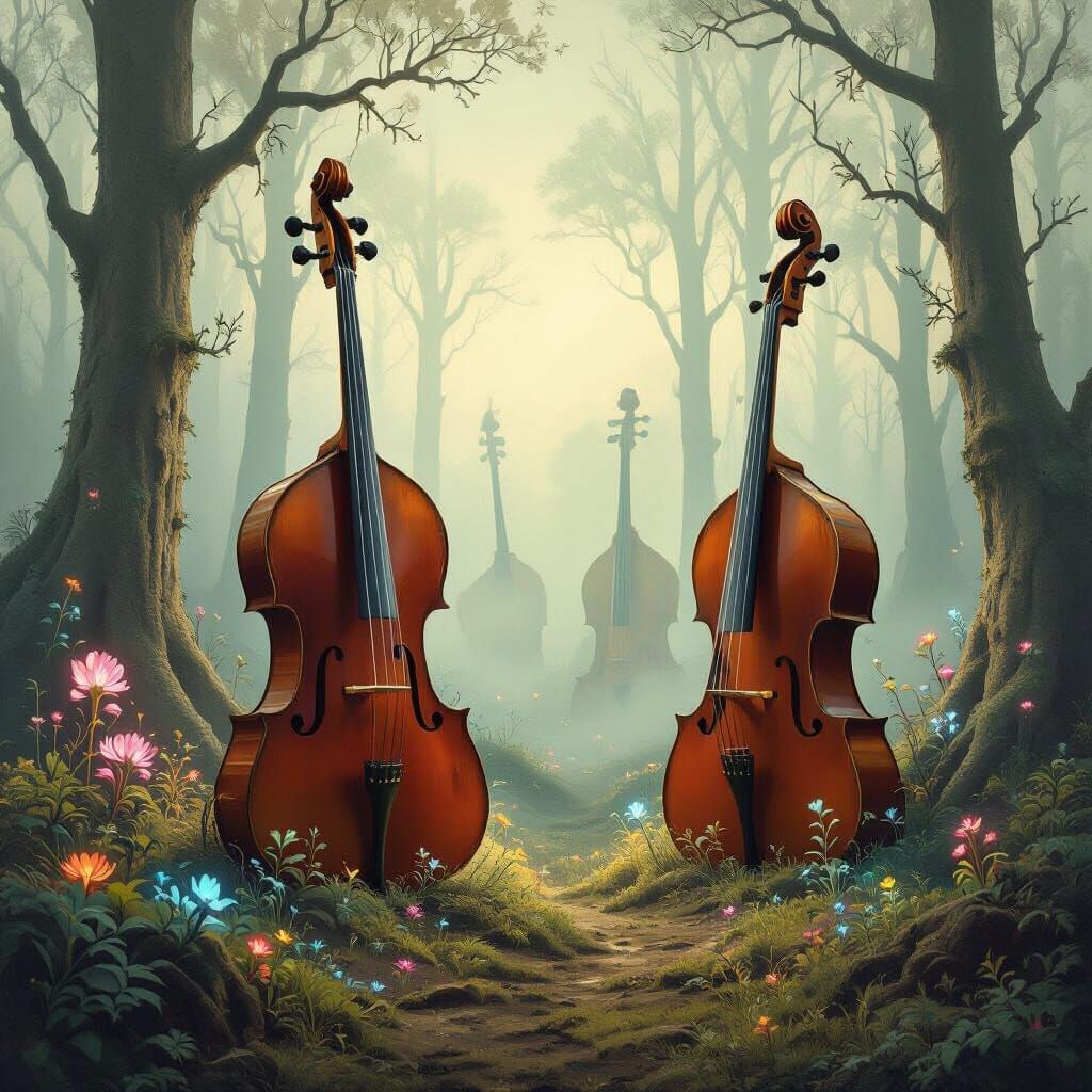 Surreal Forest of Giant Cello Trees with Bioluminescent Flor...