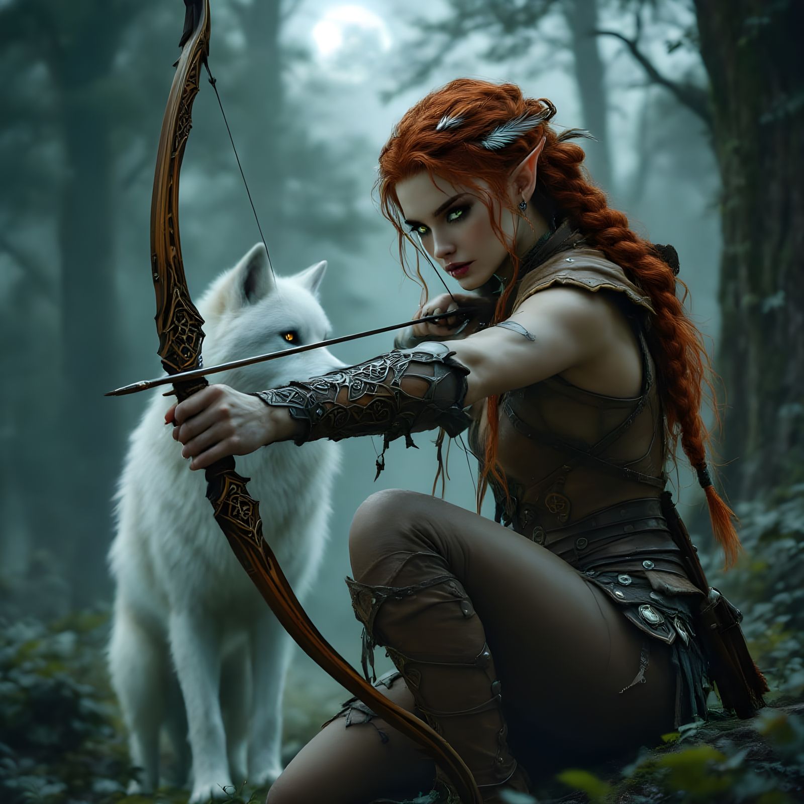 Ethereal Huntress in Moonlit Forest