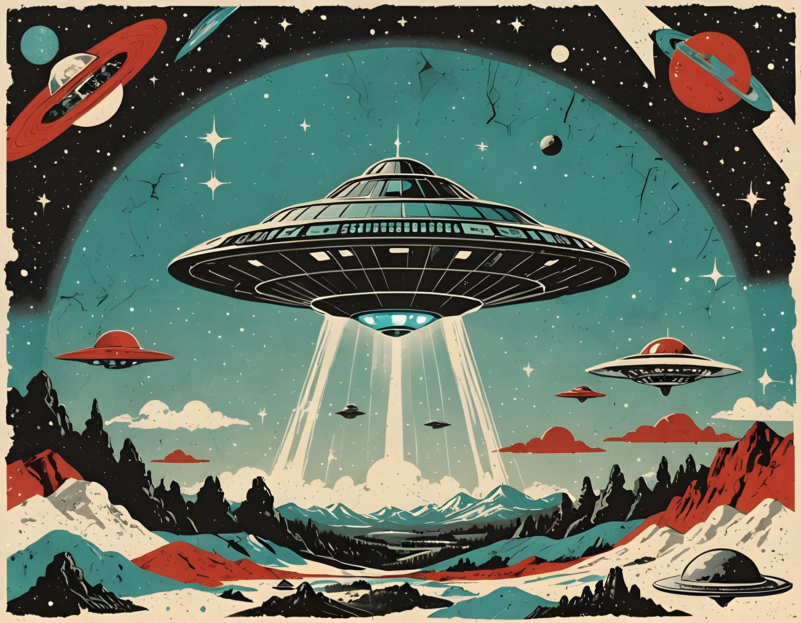 Vintage UFO Collage in 1960s Vector Style
