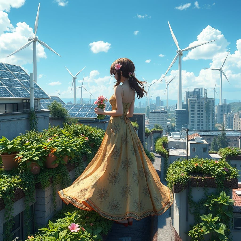 Solarpunk Girl Tending to a Vibrant Rooftop Garden City