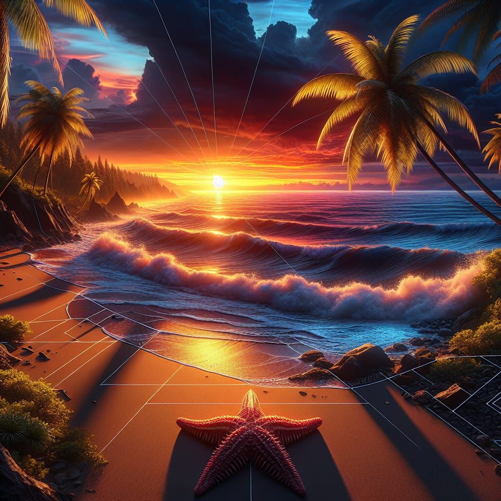 Hyperrealistic Beach Sunset with Palm Trees and Starfish