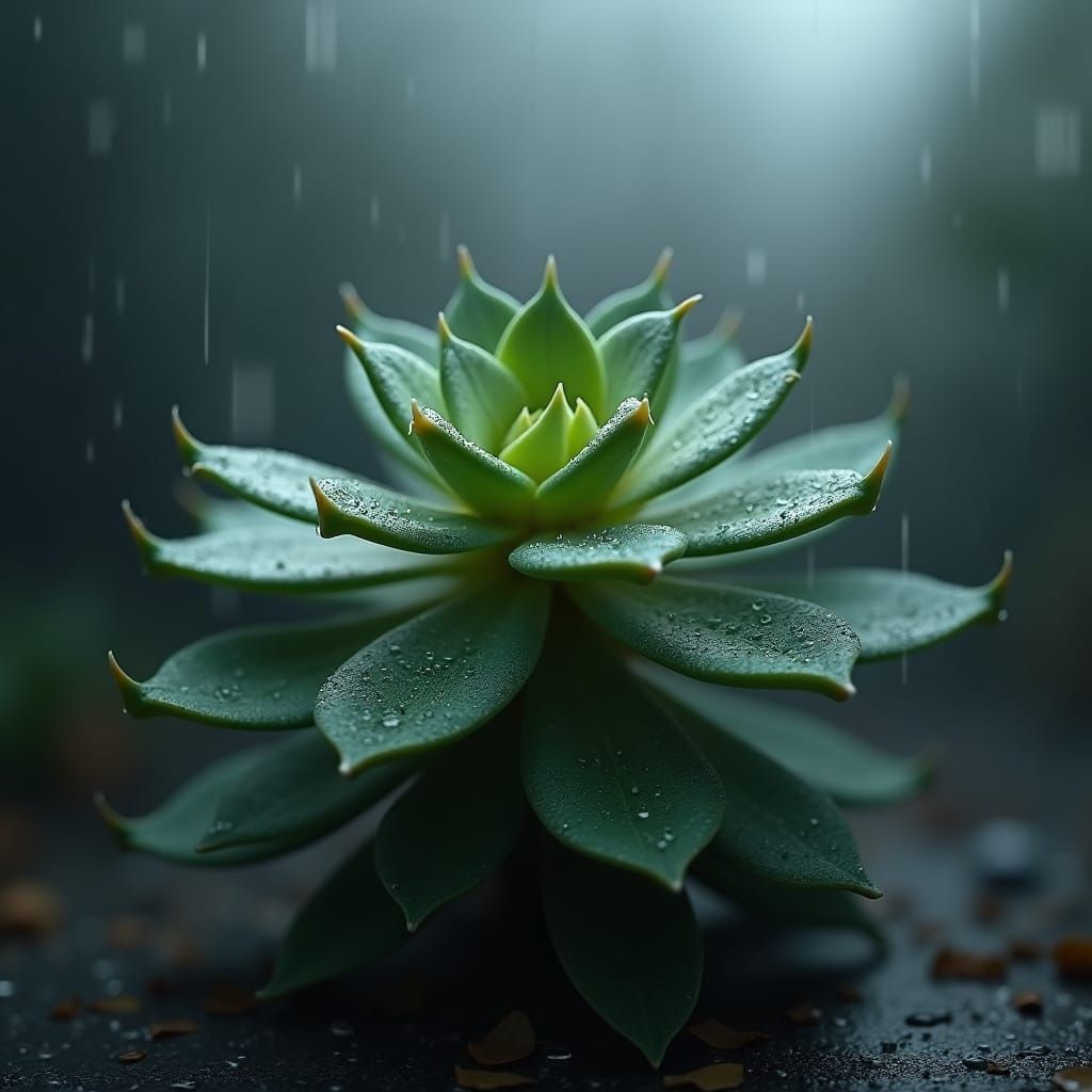 Realistic Succulent in Rainy Environment: 3D Anime Art