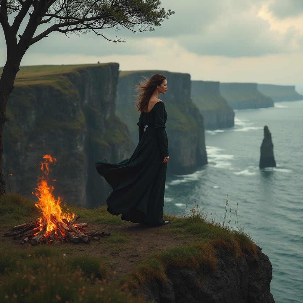 Irish Cliffside Scene with Campfire, Matte Painting