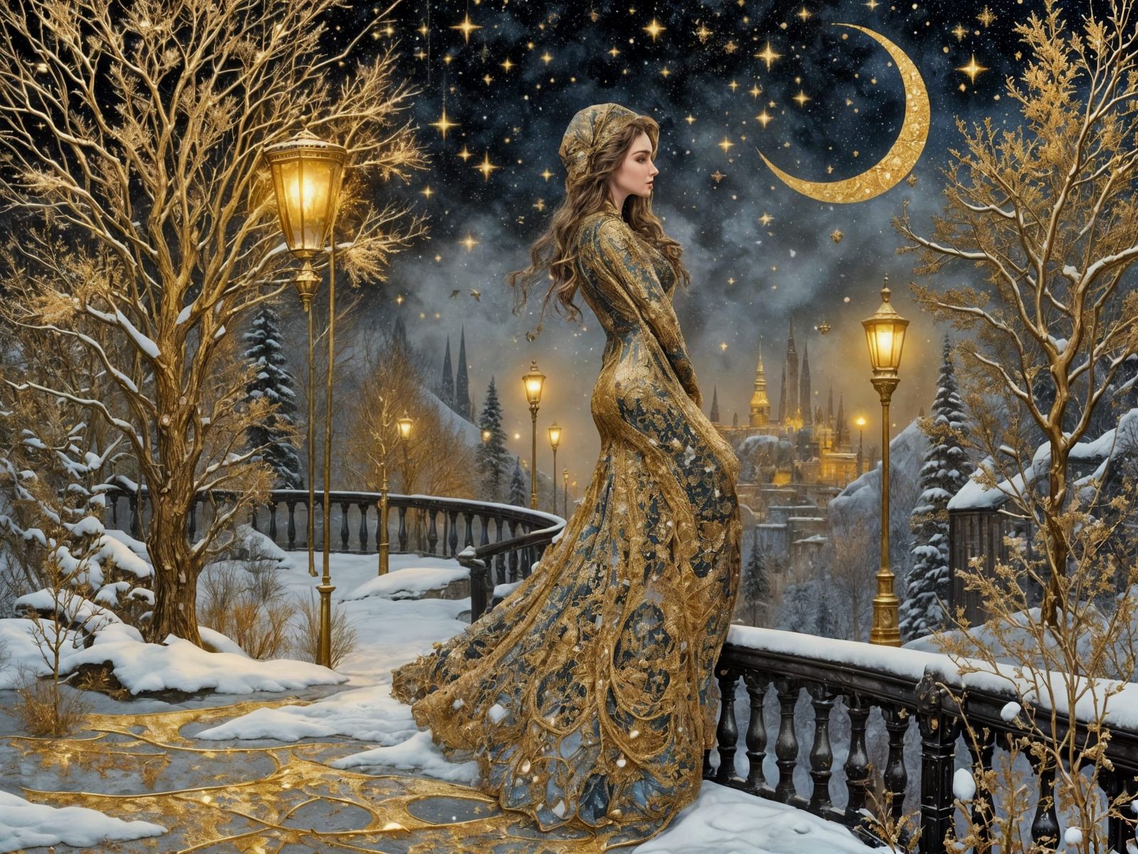 Gilded Winter Night Cityscape with Elegant Woman and Afghan ...