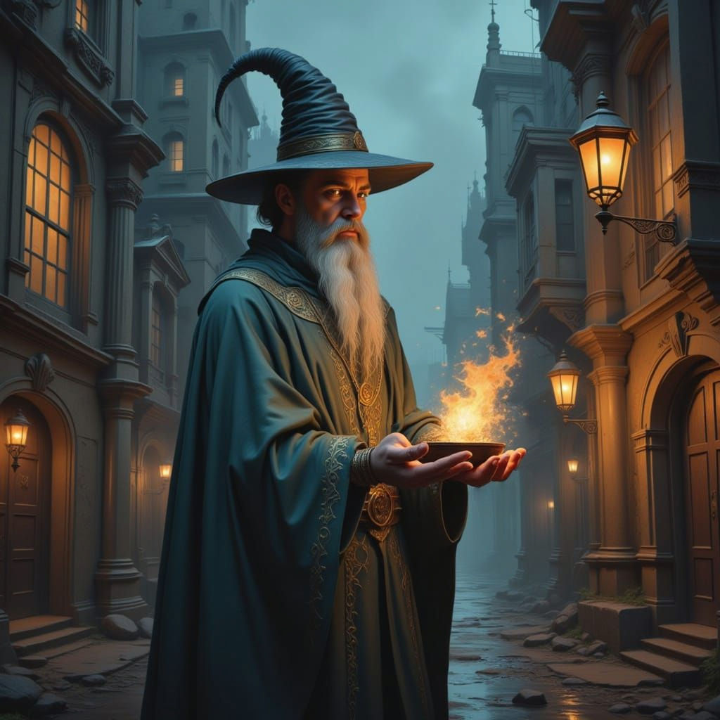 A magician lamp lighter of old Victorian city streets