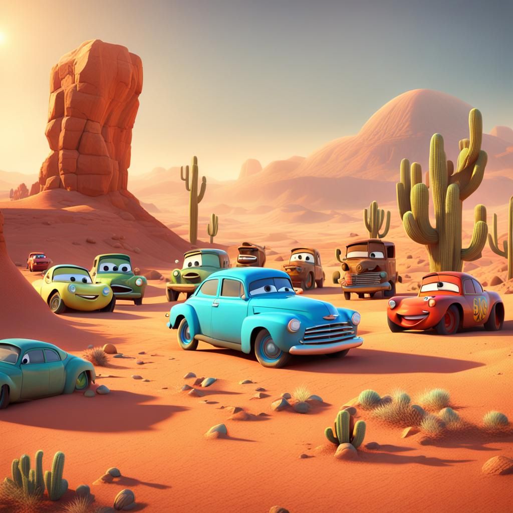 Cars in Desert Landscape: Pixar-Style 3D Art
