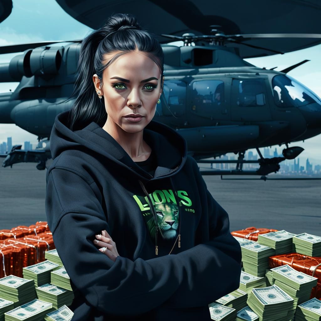 Cinematic Woman with Helicopter of Cash, Digital Art