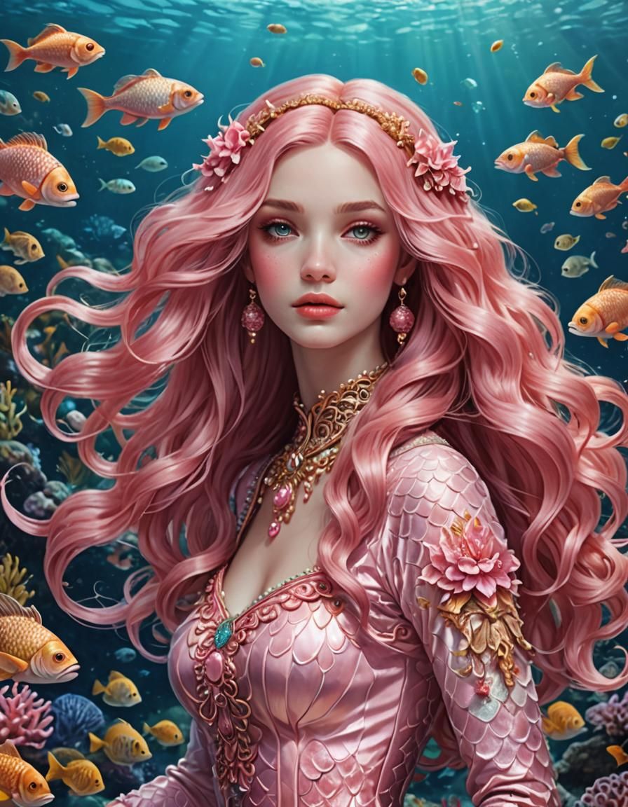 Pink Haired Mermaid in Fantasy Coral Reef Setting