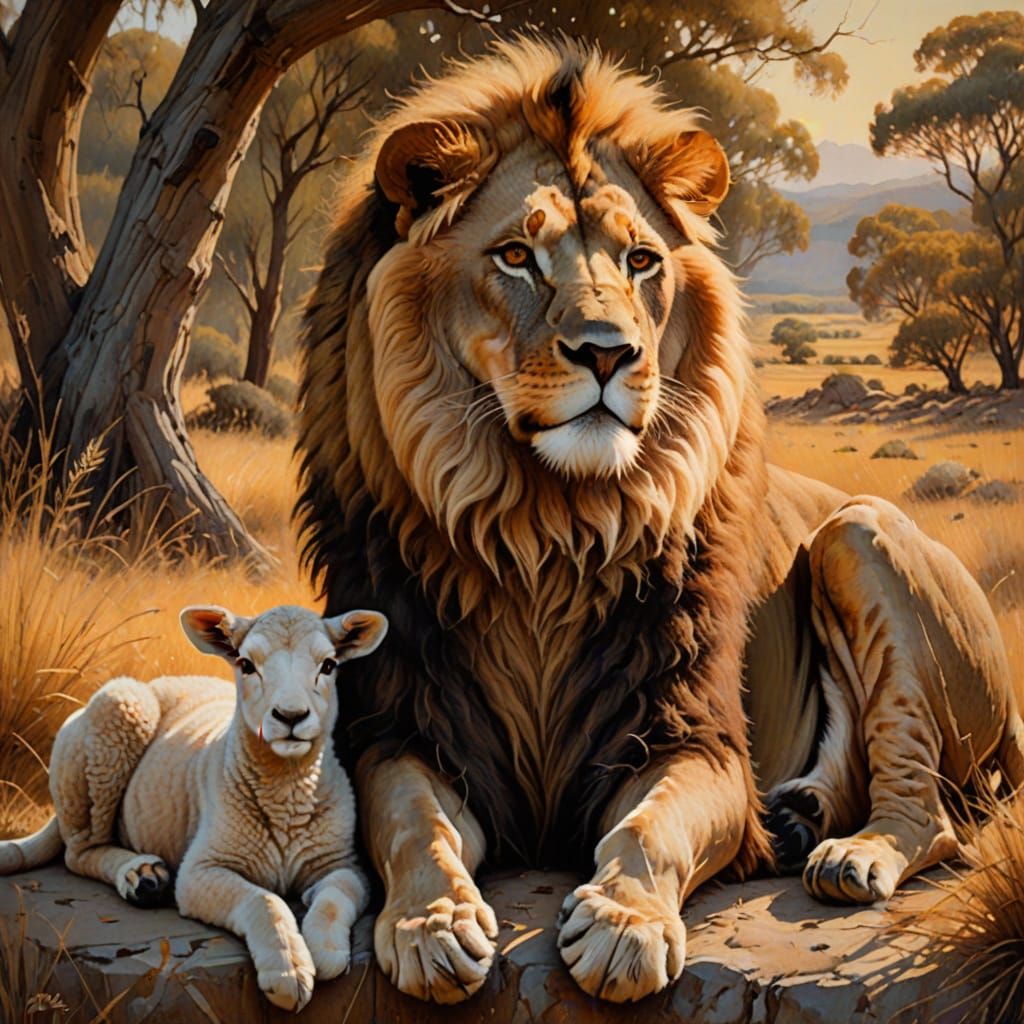 Lion and Lamb Together in Whimsical Realism Oil