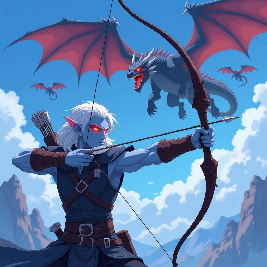 Dark Elf Archer Battles Dragon Pack in Anime Style