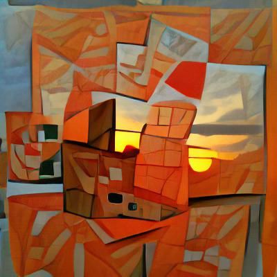 Vibrant Orange Sunset in Cubist Style