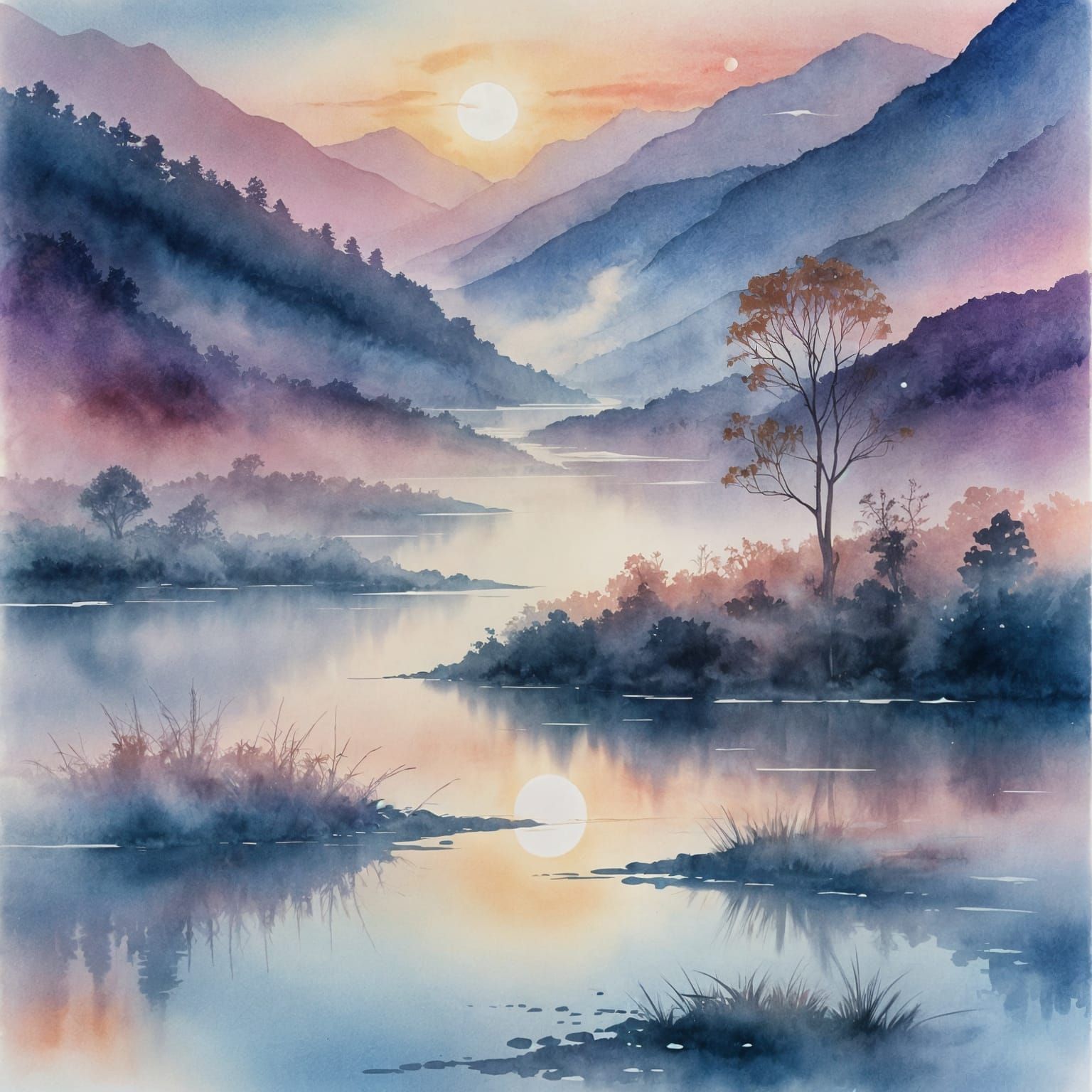 Moon in Water Droplet on River: Watercolour Art