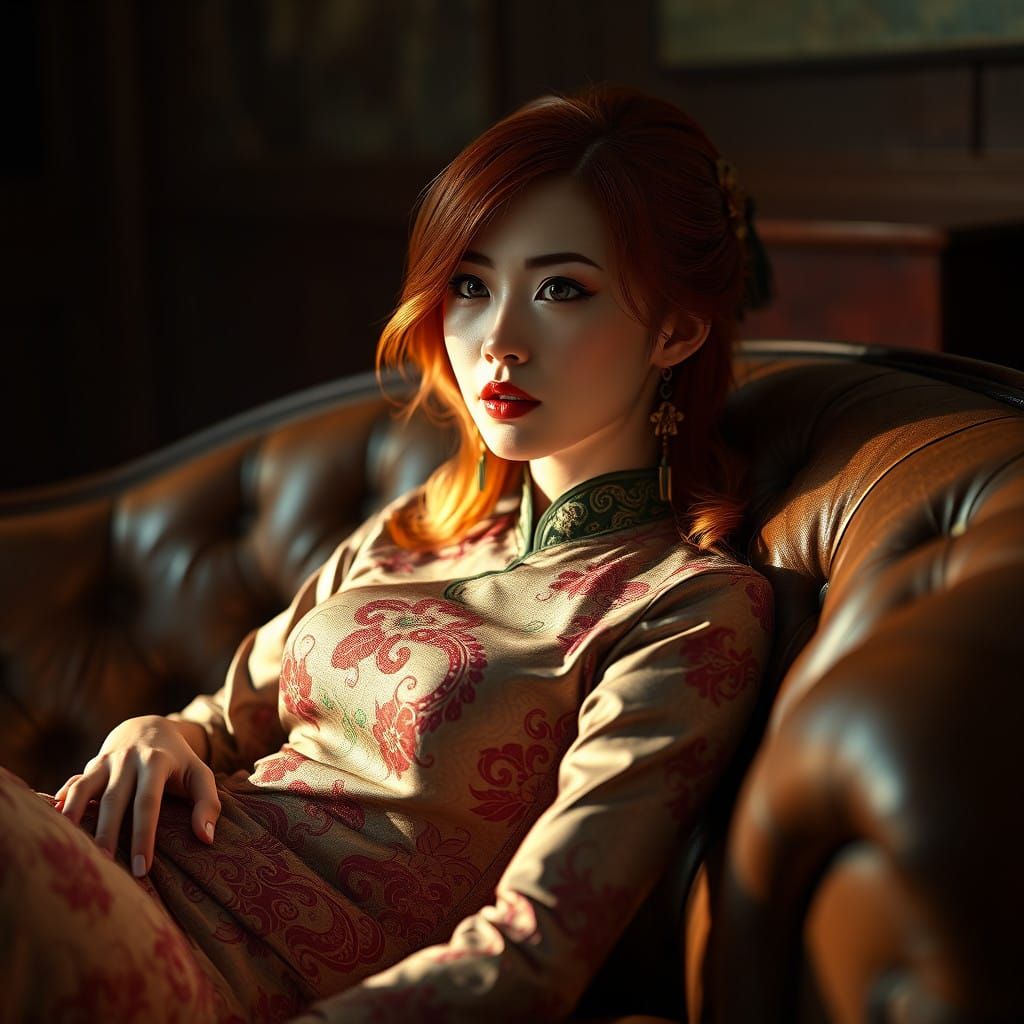 Elegant Redhead Woman in Mystical Attire, Against a Dark, Ri...