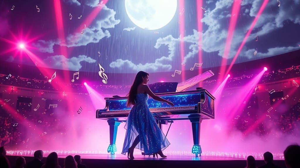 Neon Symphony: Woman Plays Piano in Storm of Music